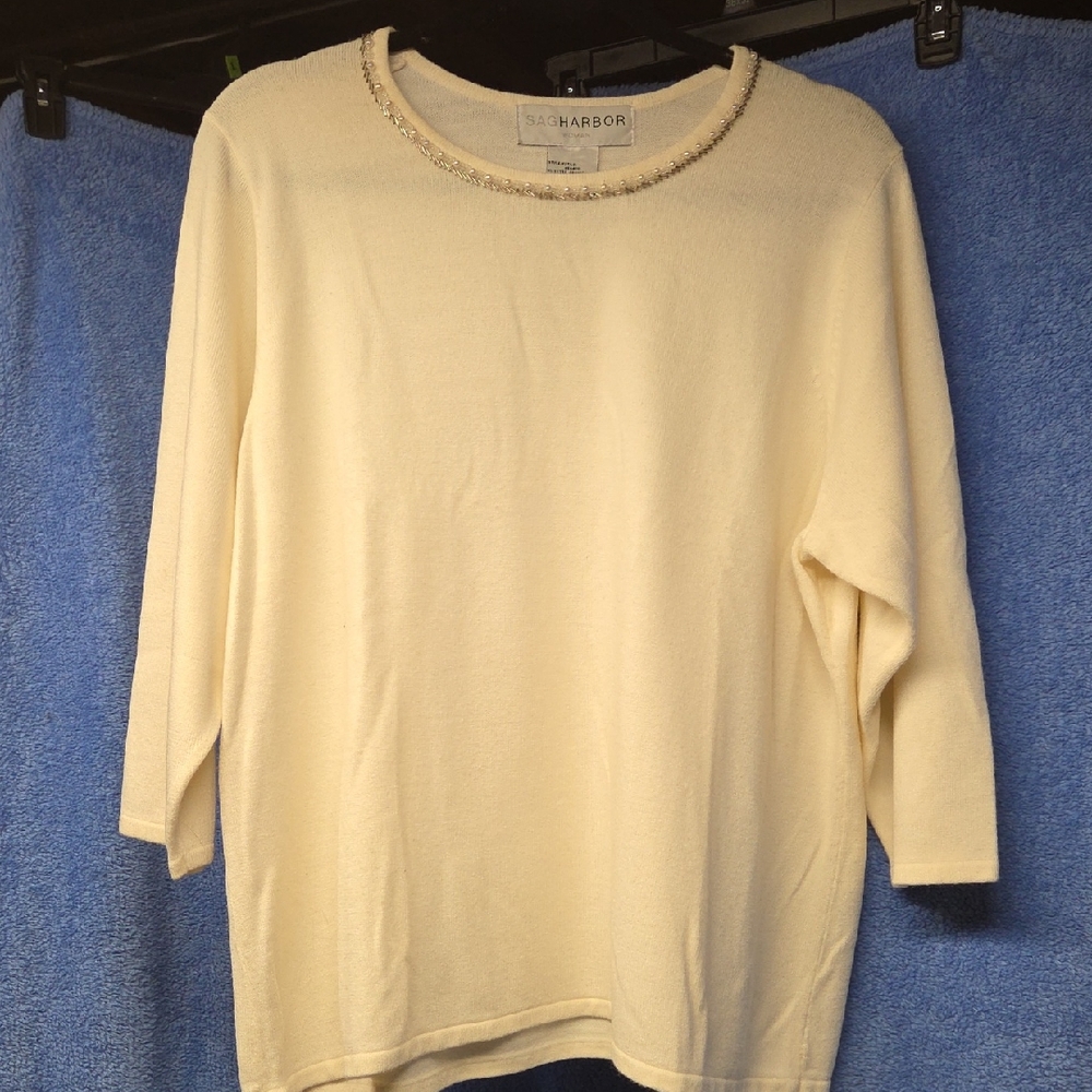 Sag Harbor Cream Sweater with Beaded Neckline